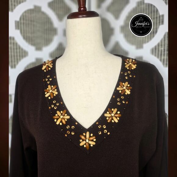 Cable & Gauge Brown Silk Blend Wood Bead V Neck 3/4 Sleeve Sweater Size Medium - Picture 3 of 10